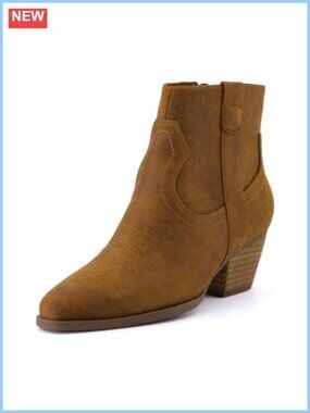 Vegan Leather Pointed Toe Western Ankle Booties with Side Zip